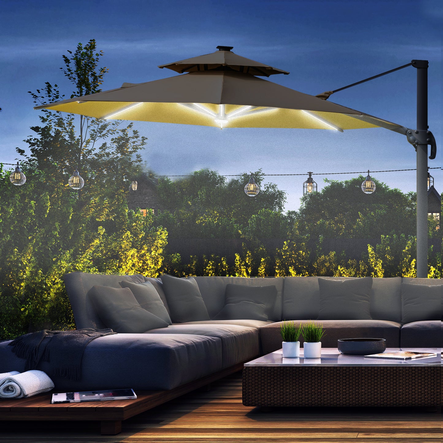 outsunny-3m-cantilever-parasol-w-solar-lights-power-bank-cross-base-adjustable-canopy-360-spin-outdoor-garden-umbrella-2-tier-roof-sun-shade-khaki