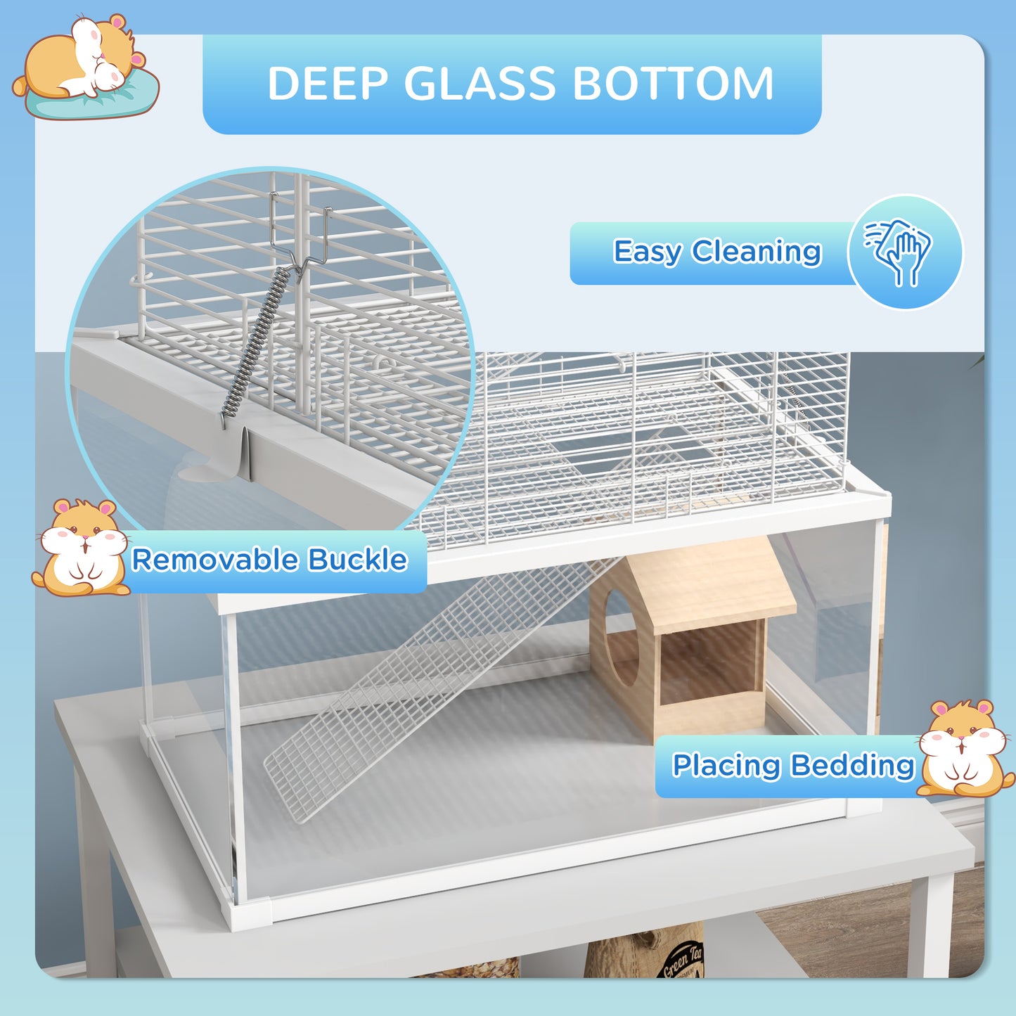 PawHut Gerbil Cage, Dwarf Hamster Cage w/ Deep Glass Bottom, Ramps Platforms Hut Exercise Wheel Water Bottle - White