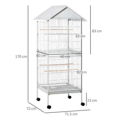 PawHut 170cm Metal Bird Cage Parrot Cage Mobile Feeder with Rolling Stand Perches Food Containers Doors Wheels White