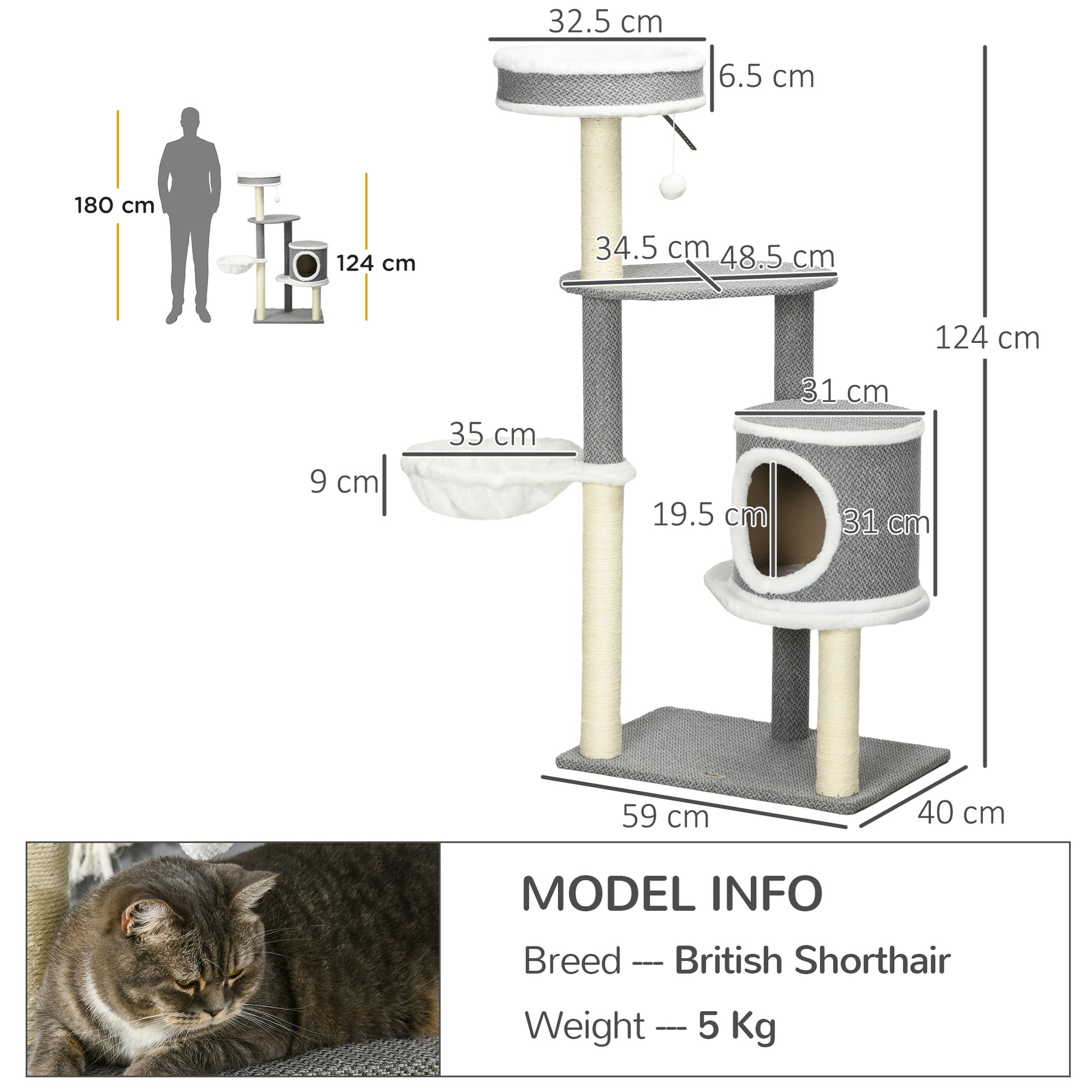 PawHut Cat Tree for Indoor Cats, Cat Tower with Scratching Posts, Multi-level Kitten Climbing Tower, 124cm