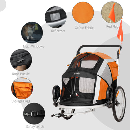 PawHut Dog Bike Trailer 2-in-1 Pet Stroller for Large Dogs Cart Foldable Bicycle Carrier Aluminium Frame with Safety Leash Hitch Coupler Flag Orange