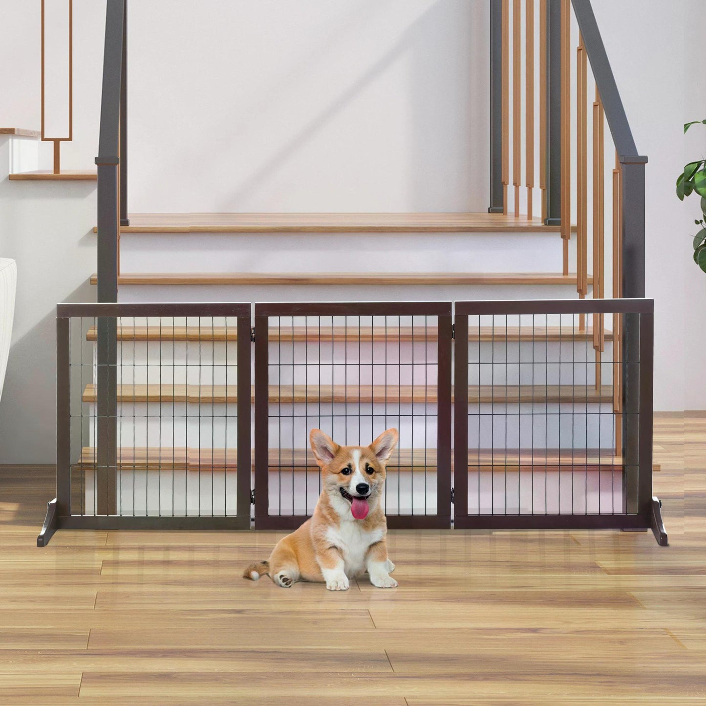 PawHut 3 Panel Pet Gate Pine Frame Indoor Foldable Dog Barrier w/Supporting Foot Dividing Line Aisles Stairs