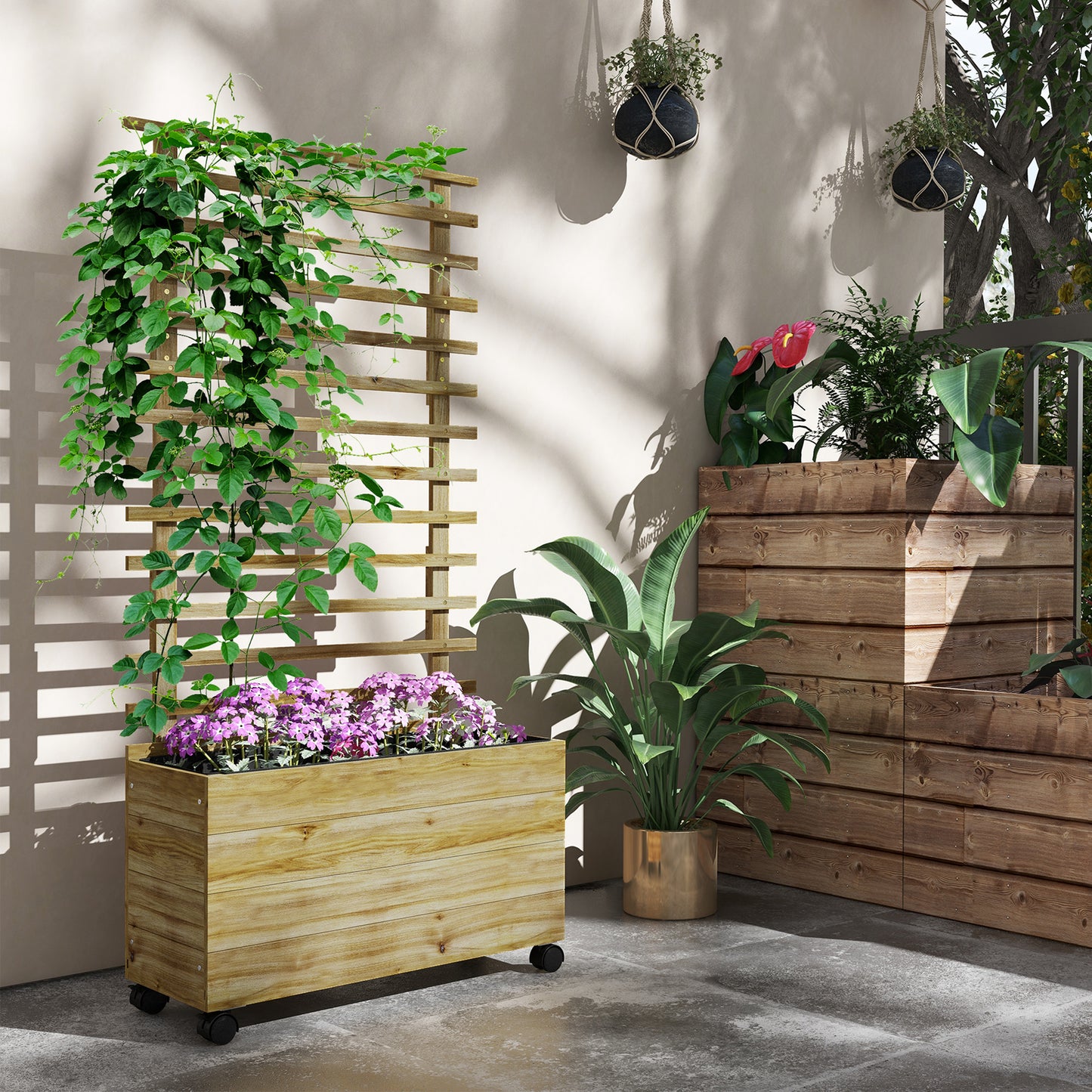 outsunny-wooden-garden-raised-bed-with-trellis-planter-box-with-4-wheels-for-climbing-plants-76x30x155cm-natural