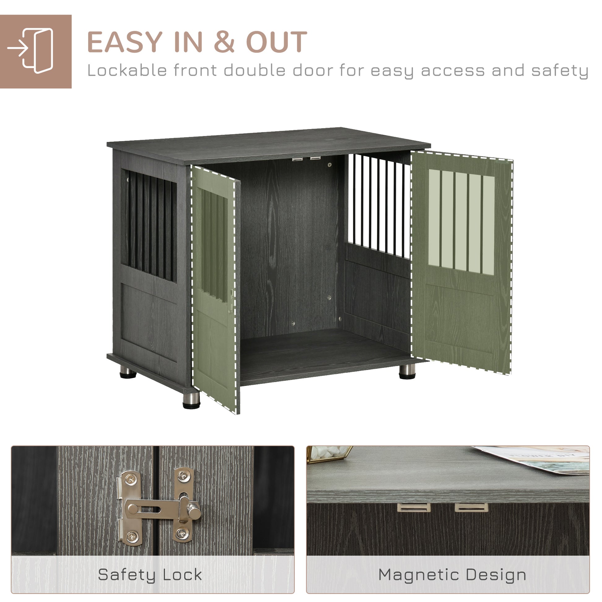 PawHut Dog Crate Furniture End Table, Pet Kennel for Small and Medium Dogs with Magnetic Door Indoor Animal Cage, Grey, 85 x 55 x 75 cm