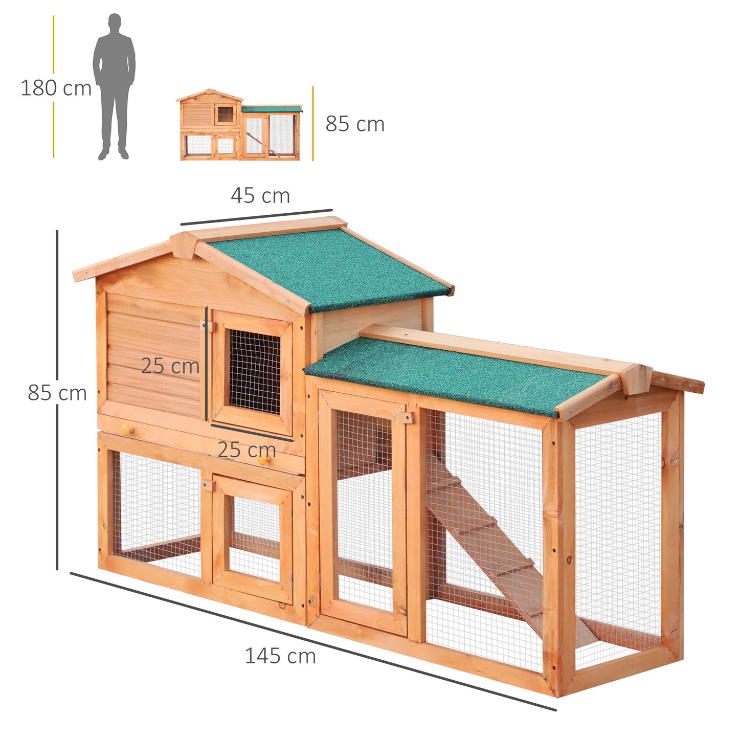 PawHut Wooden Rabbit Hutch and Run Guinea Pig Hutch Outdoor Bunny Cage Pull Out Tray Small Animal House 145 x 45 x 85 cm