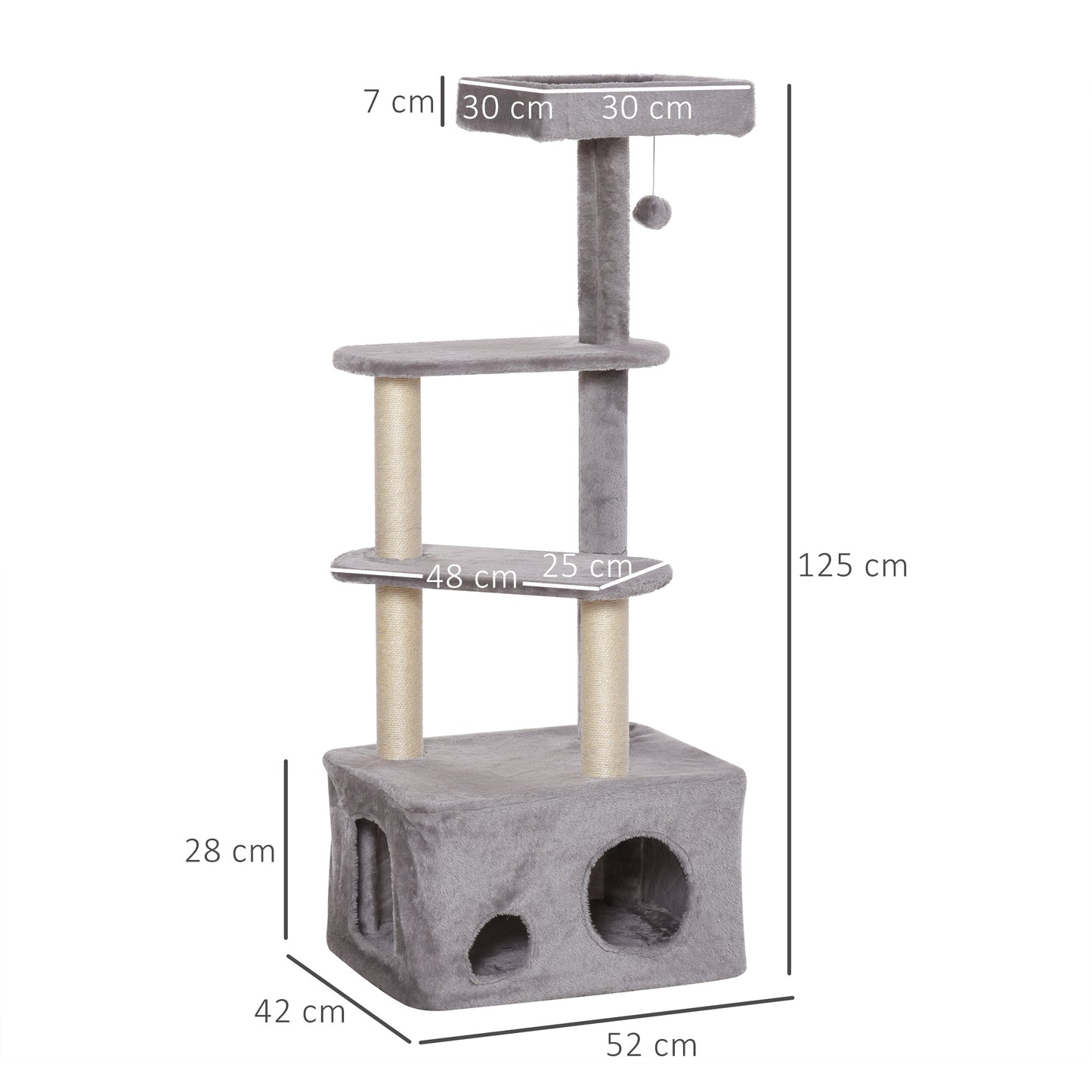 PawHut Cat Tree Kitten Tower 4-level Activity Centre Pet Furniture with Sisal Scratching Post Condo Plush Perches Hanging Ball Toys Grey