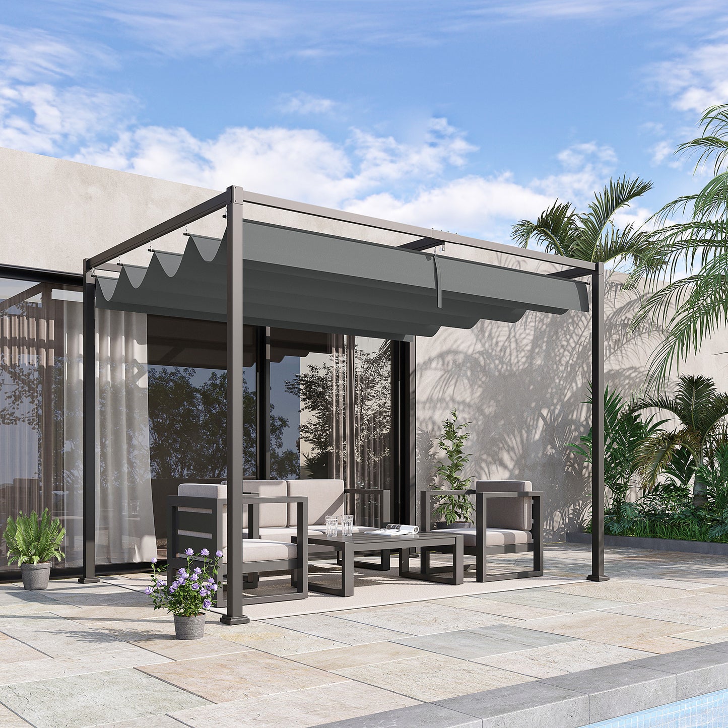 outsunny-3-x-2-m-outdoor-pergola-gazebo-wall-mounted-retractable-canopy-garden-shelter-sun-shade-party-with-metal-frame-grey