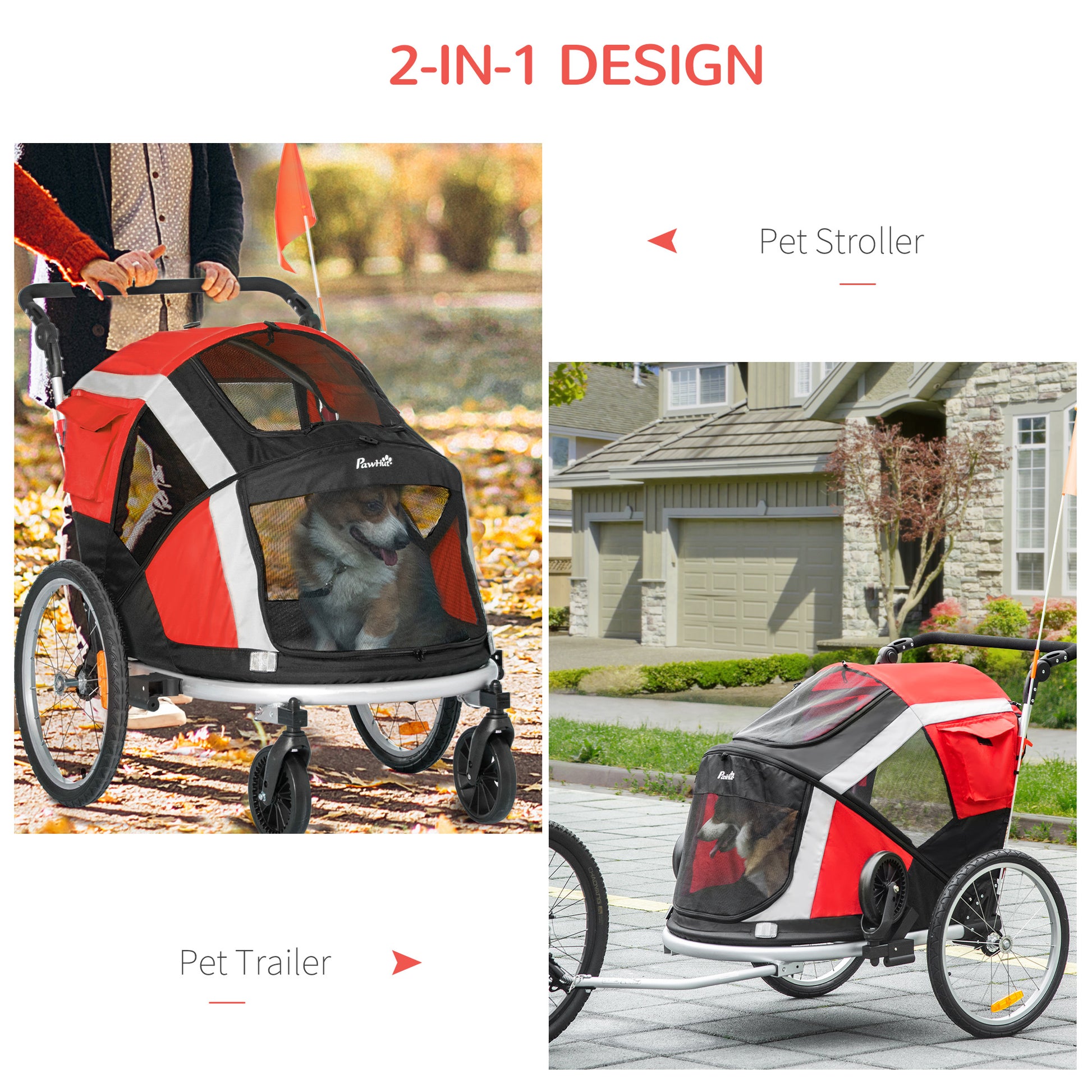 PawHut Dog Bike Trailer, Two-In-One Foldable Pet Bike Trailer w/ Safety Leash, Flag, for Small Cats, Puppies, Camping, Hiking - Red