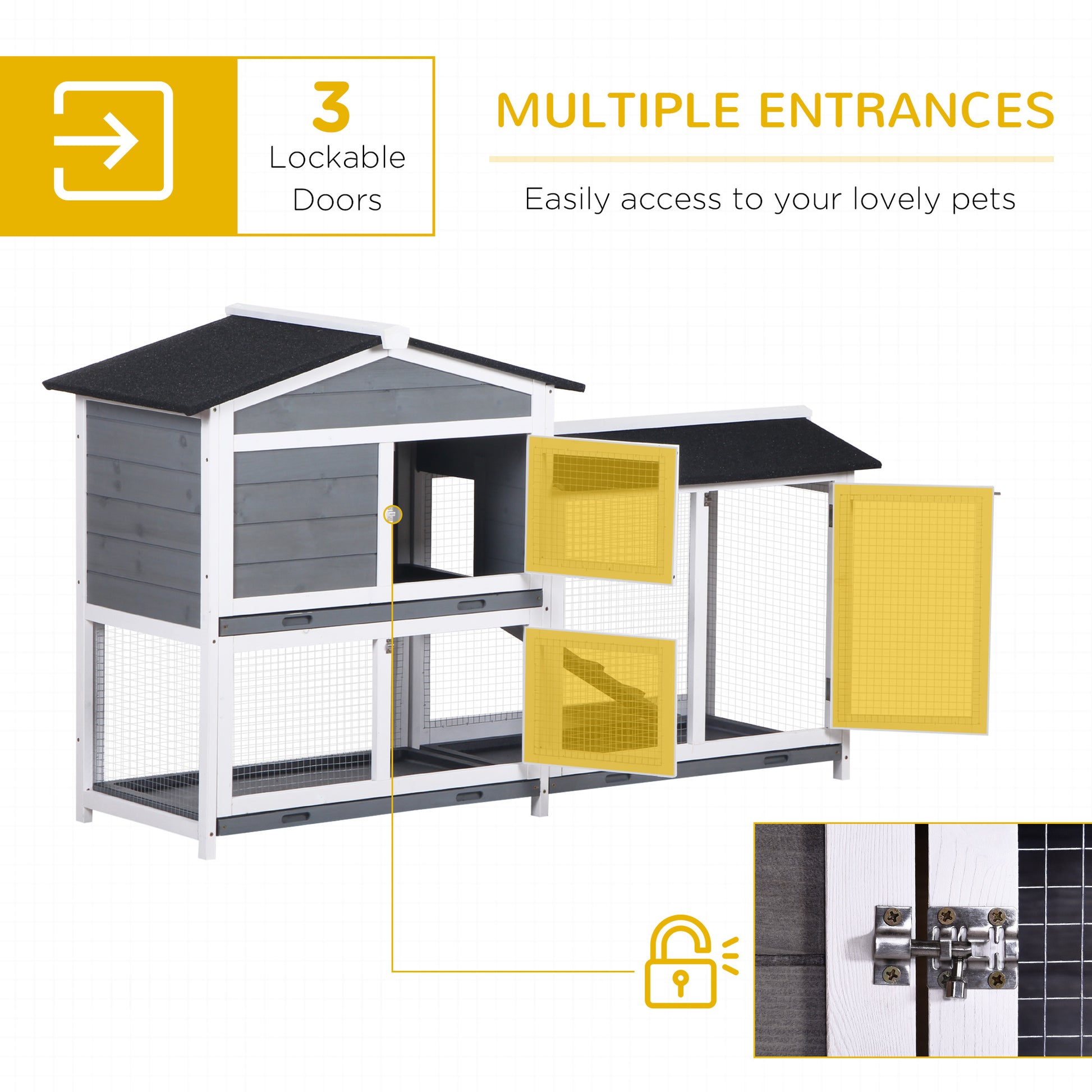 PawHut Wooden 2-Tier Rabbit Hutch w/ Tray Ramp Grey