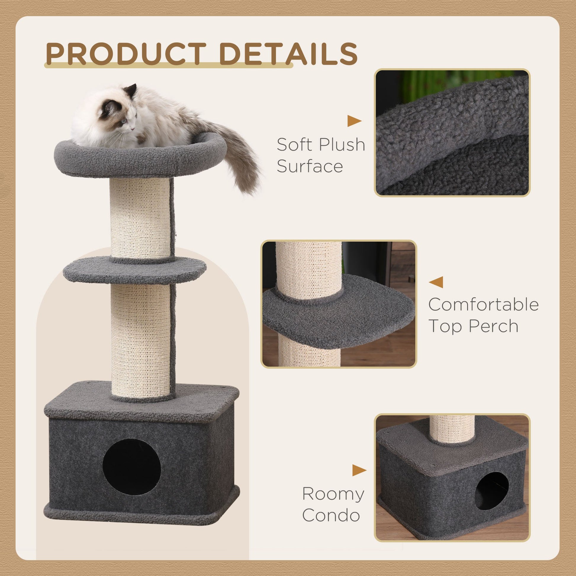 PawHut Cat Tree Kitten Tower Multi-level Activity Centre Pet Furniture with Sisal Scratching Post Condo Plush Perches Grey