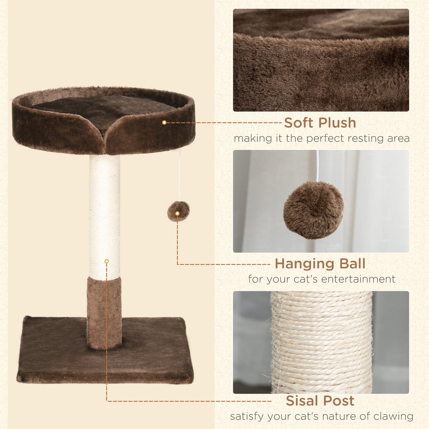 PawHut Small Cat Tree for Indoor Cats with Sisal Scratching Post Kitten Bed Cushion Ball Toy, Brown, 45x45x70 cm