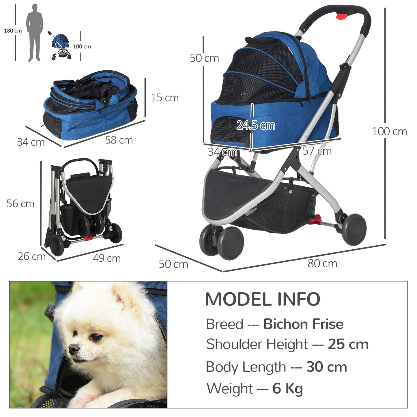 PawHut Detachable Pet Stroller Pushchair Foldable Dog Cat Travel Carriage 2-In-1 Design Carrying Bag Dark Blue