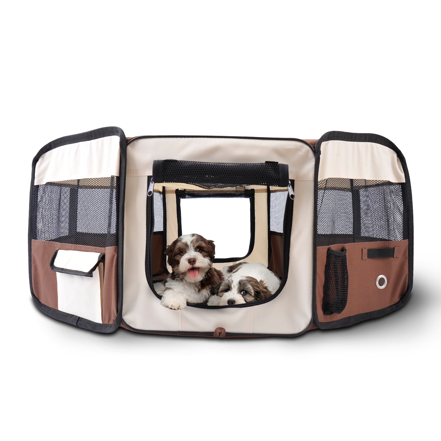 PawHut Fabric Pet Puppy Dog Cat Rabbit Pig Guinea Playpen Play Pen Run Dia90 x 41H cm Brown and Cream