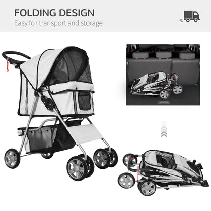 PawHut Dog Stroller with Rain Cover for Small Miniature Dogs, Folding Pet Pram with Cup Holder, Storage Basket, Reflective Strips, Grey