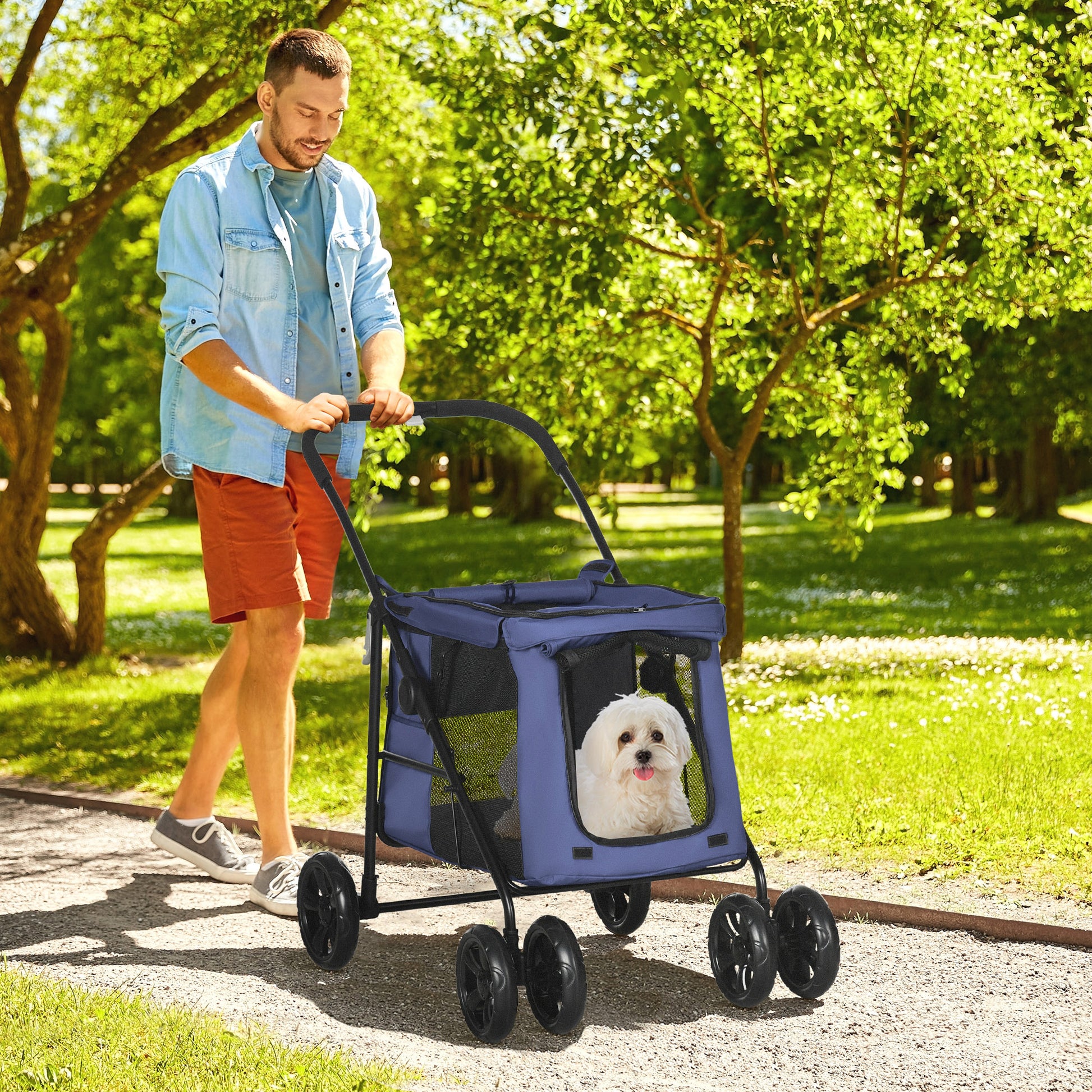 PawHut One-Click Foldable Dog Pushchair w/ EVA Wheels, Storage Bags, Mesh Windows, Doors, Safety Leash, Cushion, for Small Pets - Dark Blue