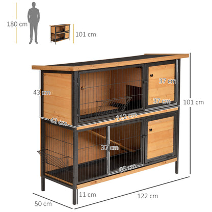 PawHut 2-Floor Wooden Rabbit Hutch Bunny Cage Metal Frame Pet House with Slide-Out Tray Feeding Trough Ramp Lockable Door Openable Roof