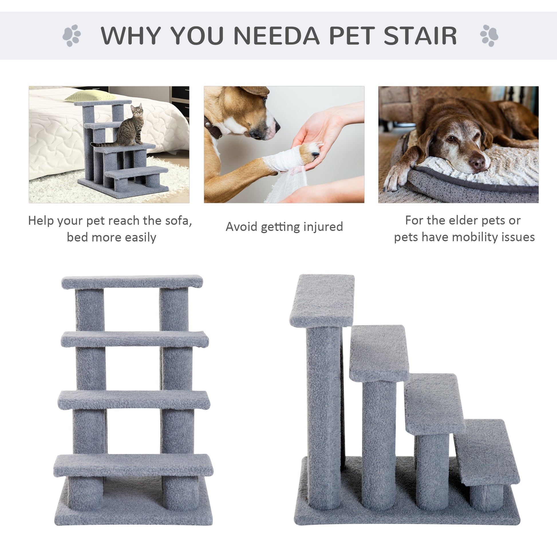 PawHut Pet Stair Pet Steps for Bed Cat Little Older Animal Climb Ladder Portable Pet Access Assistance 63.5x43x60cm Grey