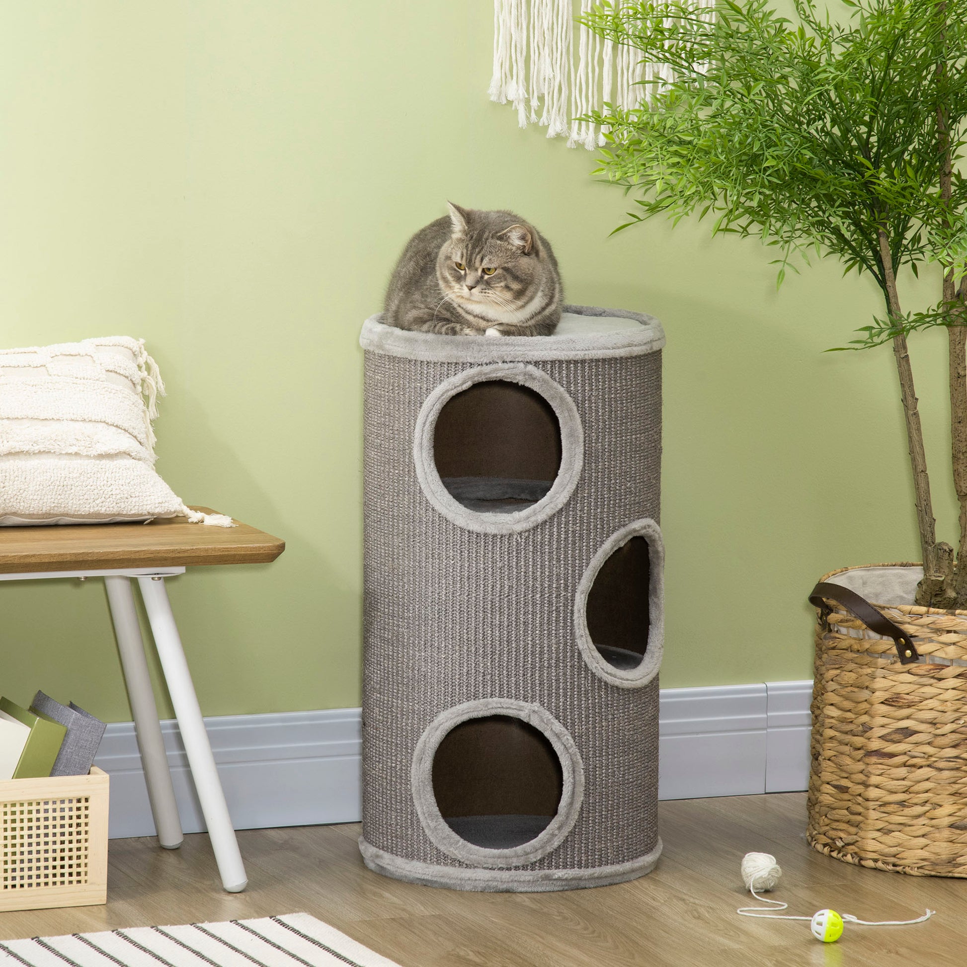 PawHut Cat Barrel Kitten Tree Tower for Indoor Cats, Cat Climbing Frame Covered with Sisal, Cosy Platform - Light Grey