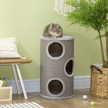 PawHut Cat Barrel Kitten Tree Tower for Indoor Cats, Cat Climbing Frame Covered with Sisal, Cosy Platform - Light Grey