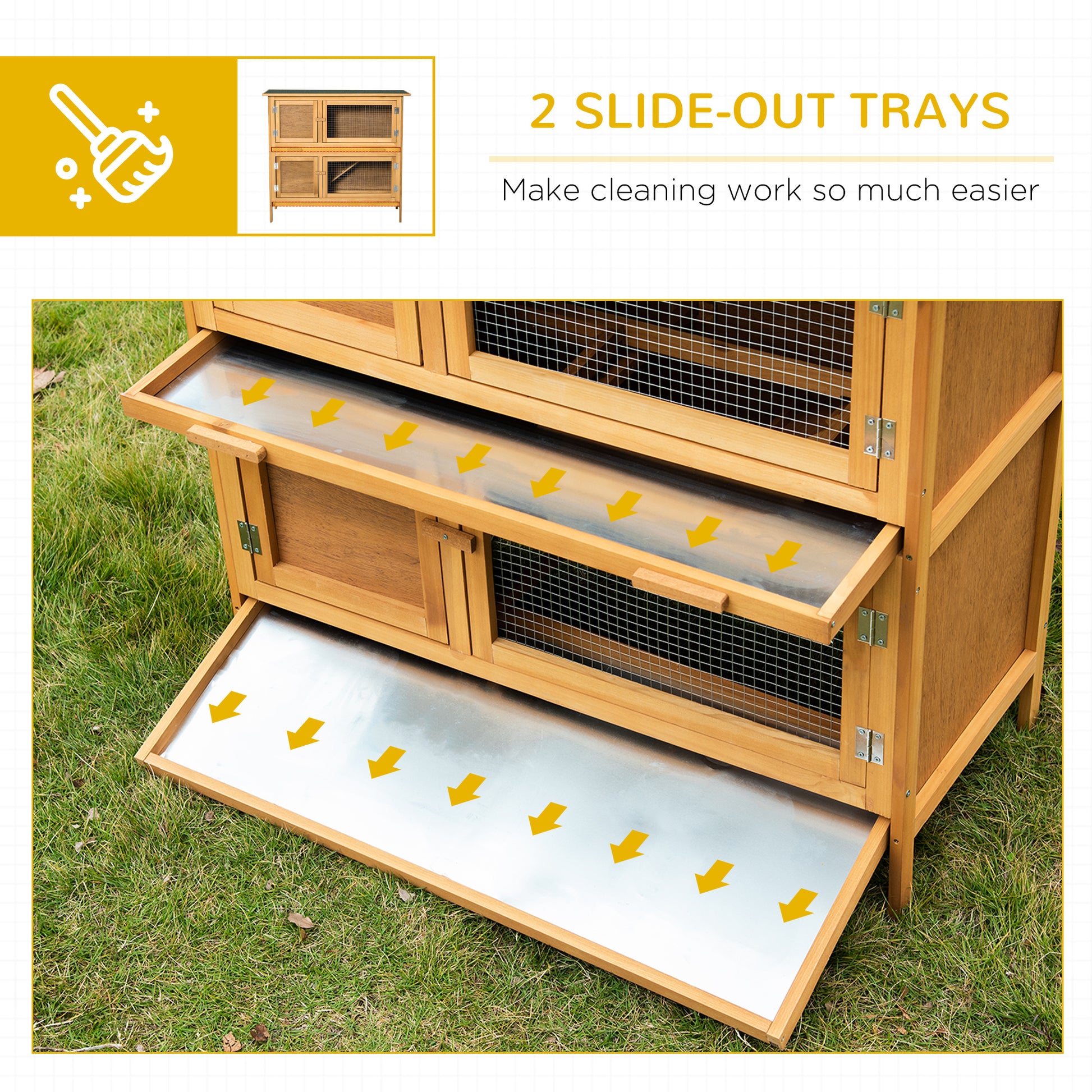 PawHut Double Decker Rabbit Hutch 2-Tier Guinea Pig House Pet Cage Outdoor with Sliding-out Tray Asphalt Roof Ramp, 100x47x91cm, Yellow