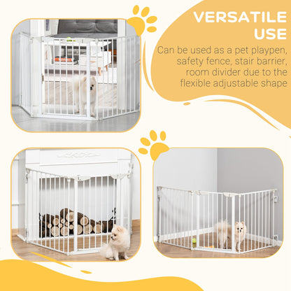 PawHut Pet Safety Gate 3-Panel Playpen Fireplace Christmas Tree Metal Fence Stair Barrier Room Divider w/Walk Through Door, White