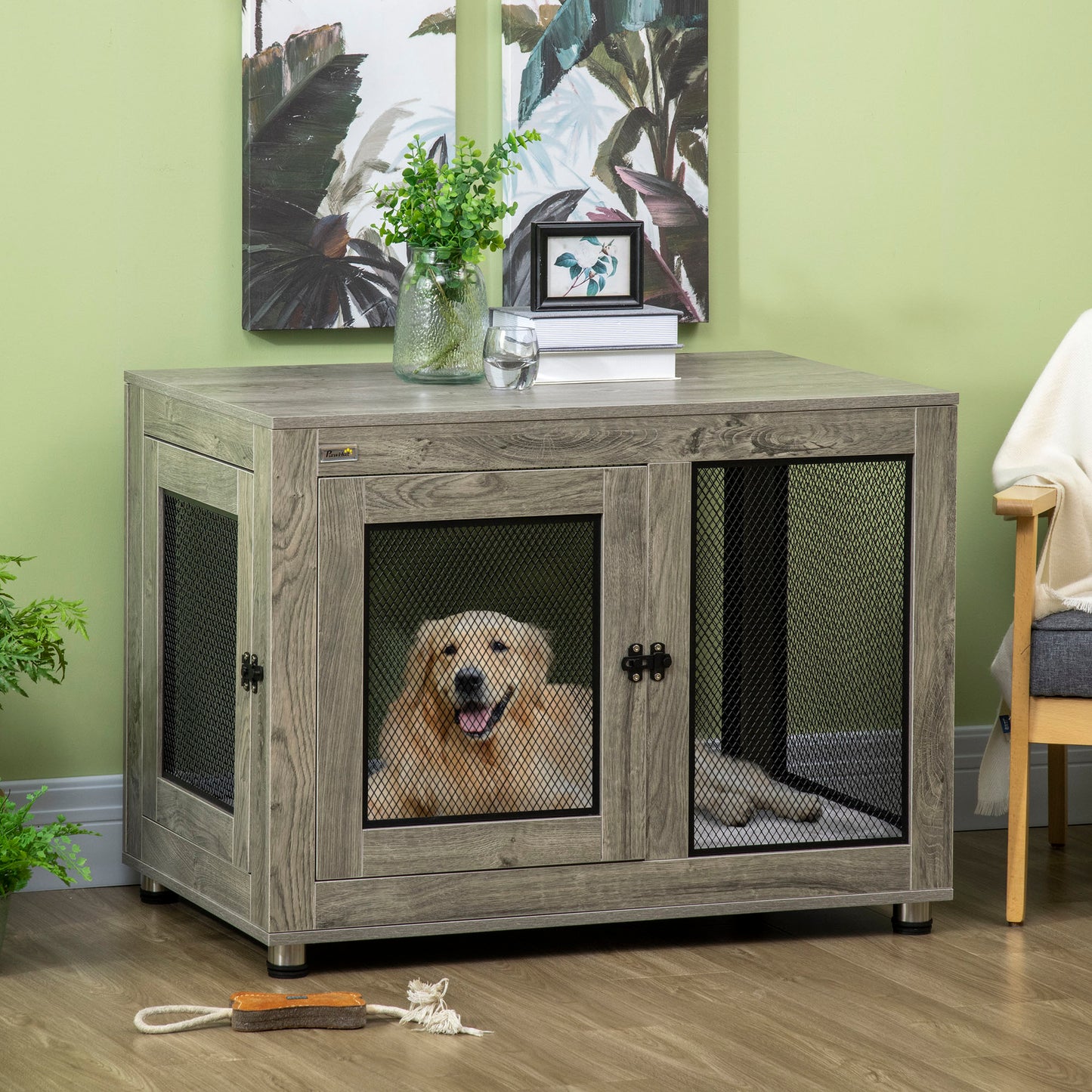 PawHut Two-In-One Dog Cage & Side Table, with Two Doors, Cushion, for Large Dogs