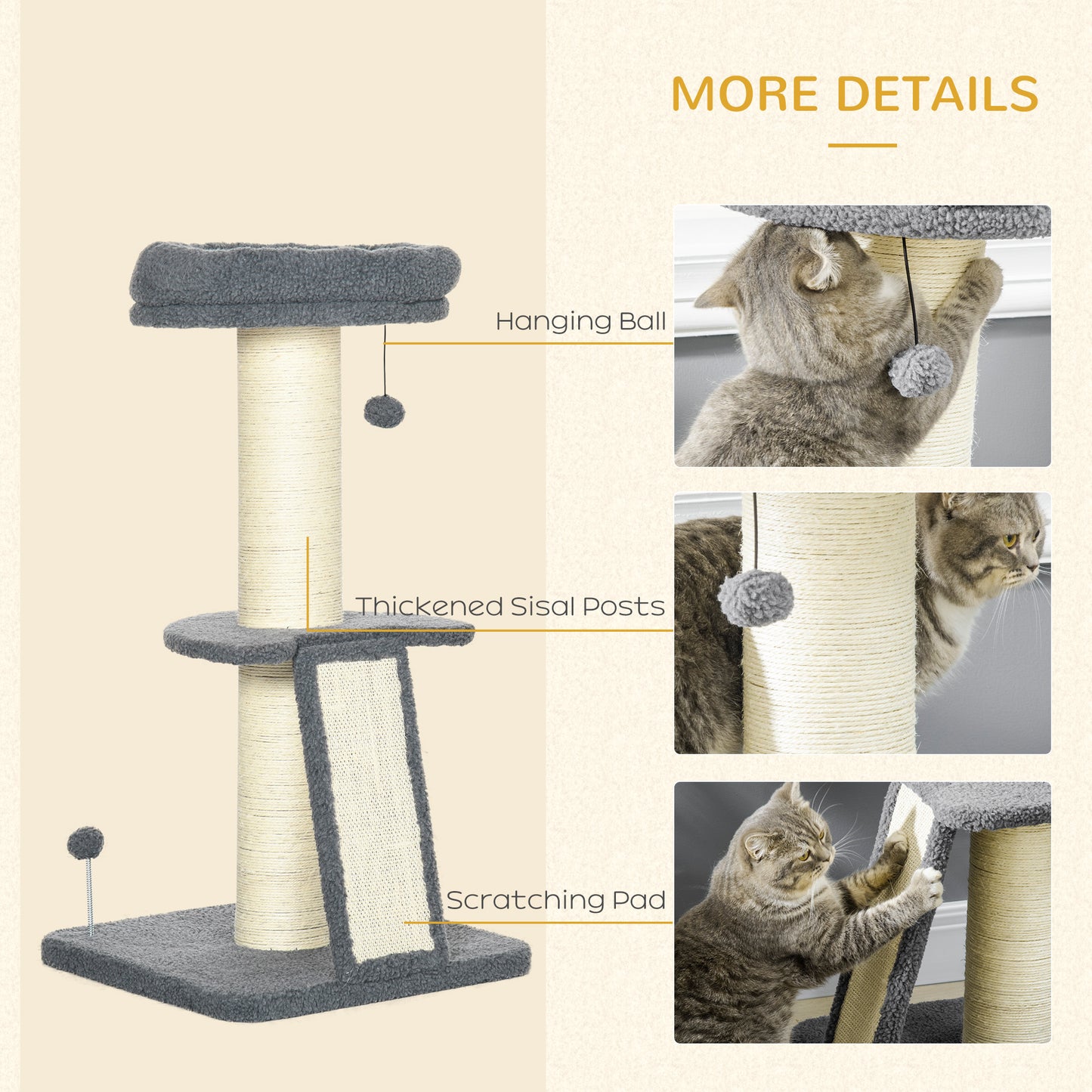 PawHut Cat Tree Cat Tower with Cat Scratching Posts, Pad, Bed, Toy Ball for Cats under 6 Kg, Dark Grey & Beige