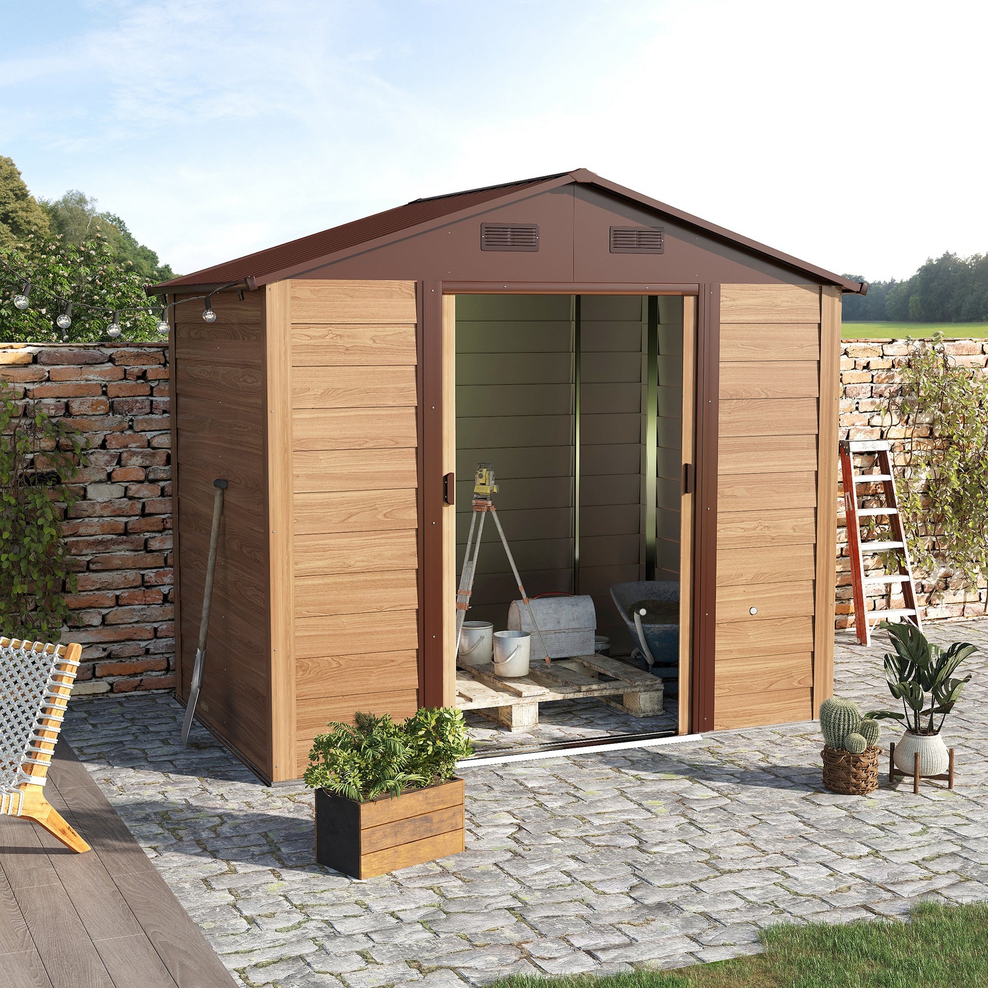 outsunny-8-x-6-5-ft-metal-garden-storage-shed-apex-store-for-gardening-tool-with-foundation-ventilation-and-lockable-door-brown