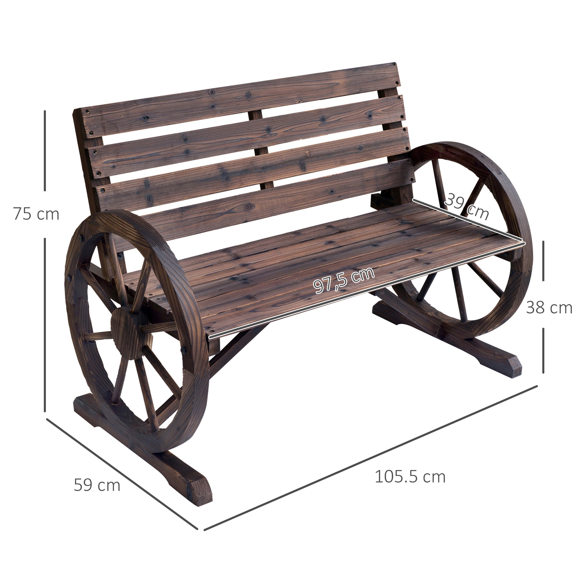 outsunny-2-seater-garden-bench-with-wooden-cart-wagon-wheel-rustic-high-back-brown