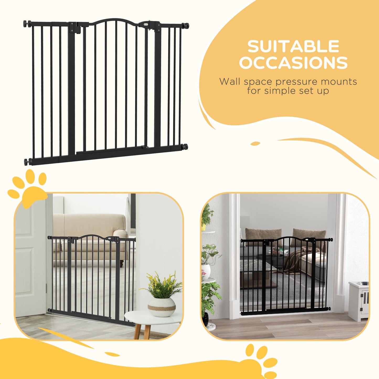 PawHut Metal 74-100cm Adjustable Pet Gate Safety Barrier w/ Auto-Close Door Black