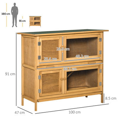 PawHut Double Decker Rabbit Hutch 2-Tier Guinea Pig House Pet Cage Outdoor with Sliding-out Tray Asphalt Roof Ramp, 100x47x91cm, Yellow