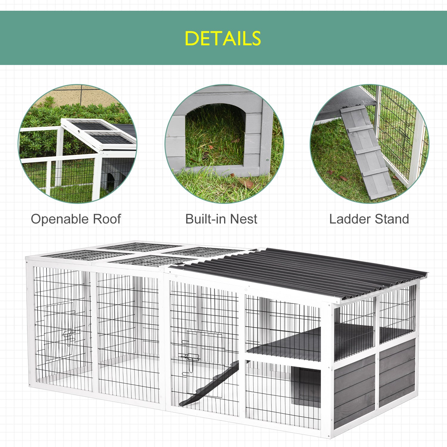 PawHut Indoor Outdoor Wooden Guinea Pigs Hutches Small Rabbits Hutches Pet Run Cover, with Hinge roof and Water-repellent Paint, Grey