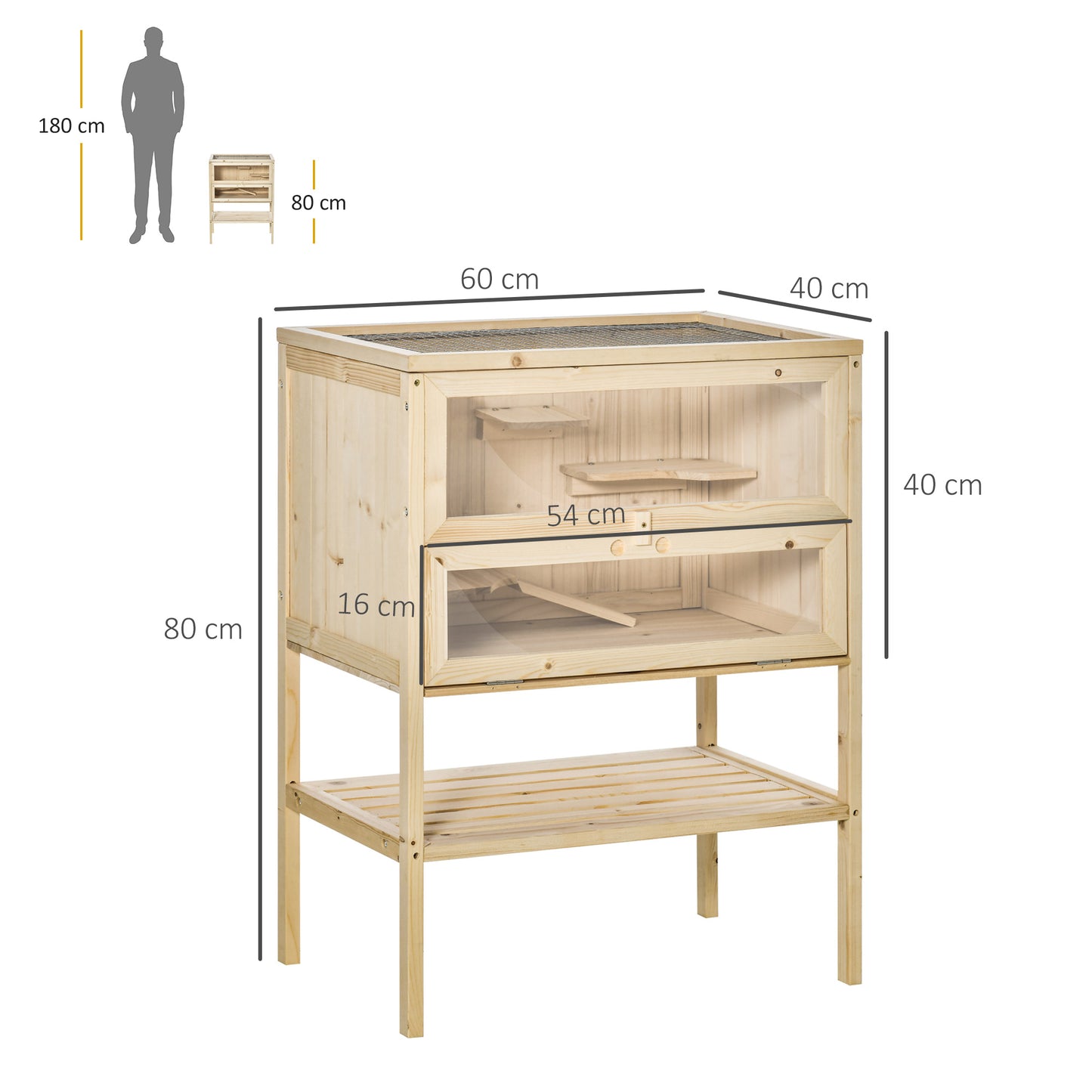 Pawhut 3 Tiers Wooden Hamster Cage Fir Wood Mouse Guinea Rodent Mice House Pet Play Small Animals 60L×40W×80H cm