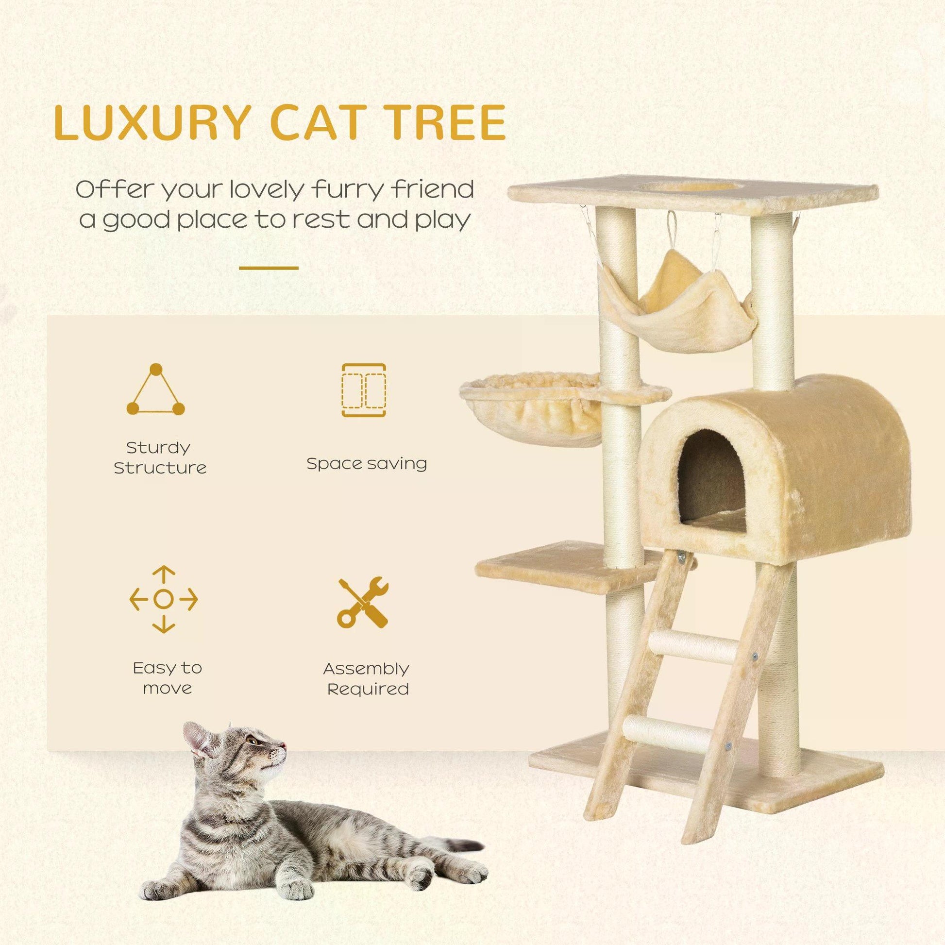 PawHut Cat Tree Tower Kitten Activity Centre Scratching Post w/ Hammock Condo Bed Basket Ladder 98 cm, Beige