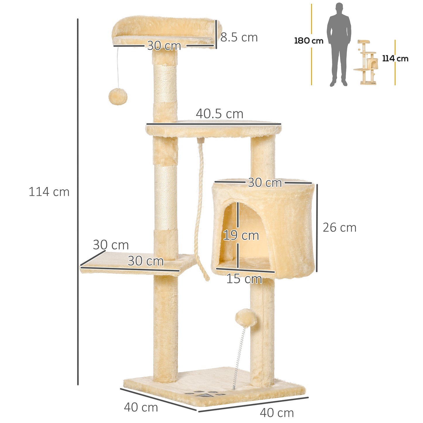 PawHut Cat Tree House, 114H cm-Beige