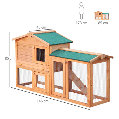 PawHut Rabbit 2 Tier Fir Wood Small Animal Hutch w/ Ramp Brown