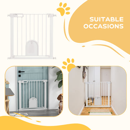 PawHut 75-82cm Pet Safety Gate with Double Locking, Pressure Fit Stair with Cat Flat for Doorways, Hallways, White