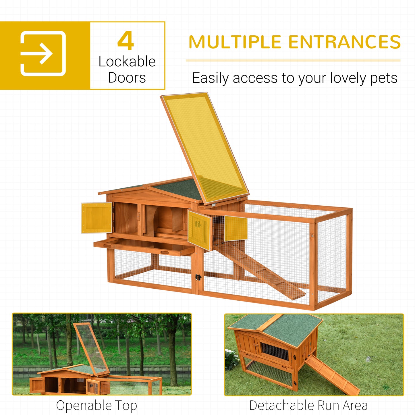 PawHut Rabbit Hutch and Run Outdoor Bunny Cage Wooden Guinea Pig Hide House with Sliding Tray, Hay Rack, Ramp, 156 x 58 x 68cm