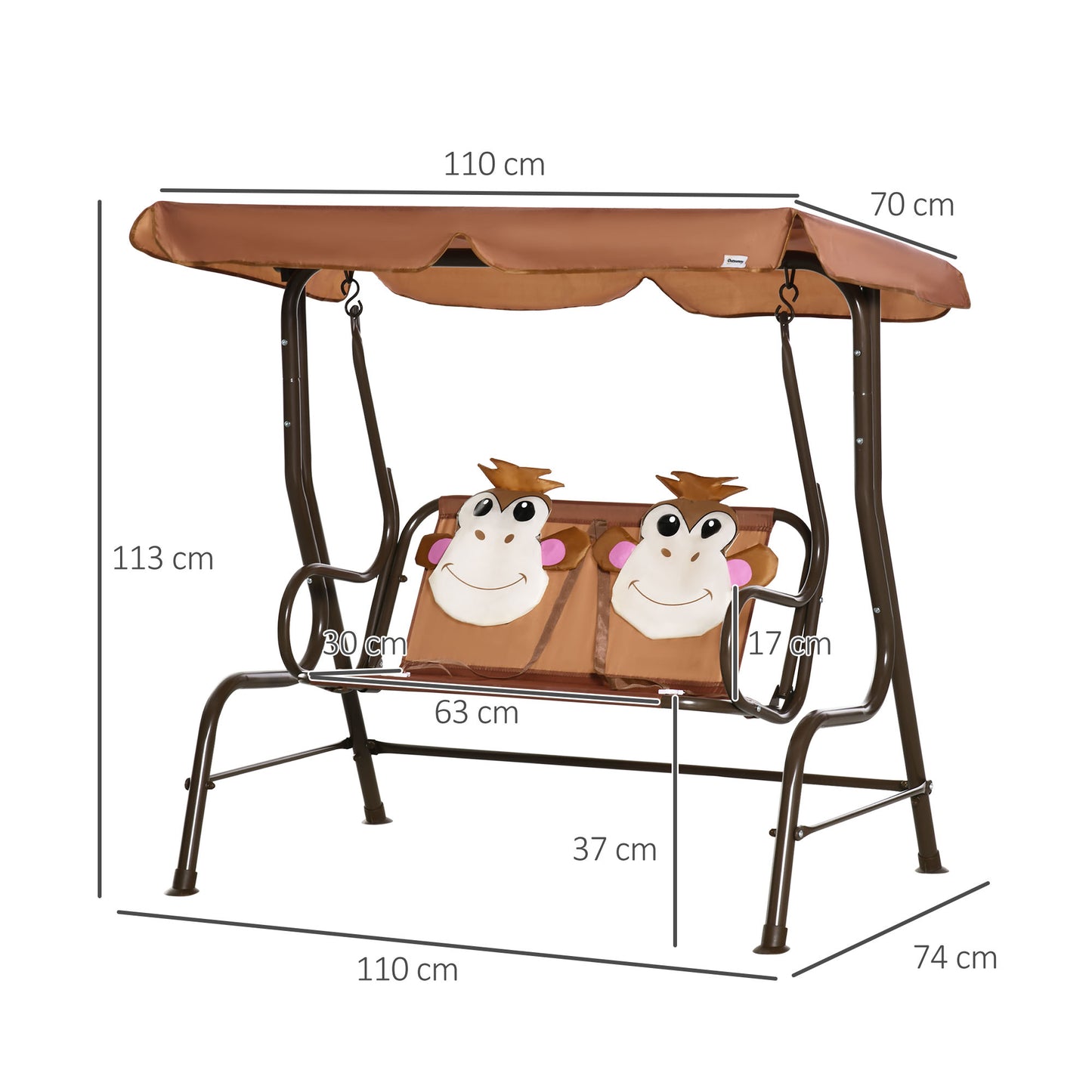 outsunny-2-seat-kids-canopy-swing-children-outdoor-patio-lounge-chair-for-garden-porch-with-adjustable-awning-seat-belt-monkey-pattern-coffee