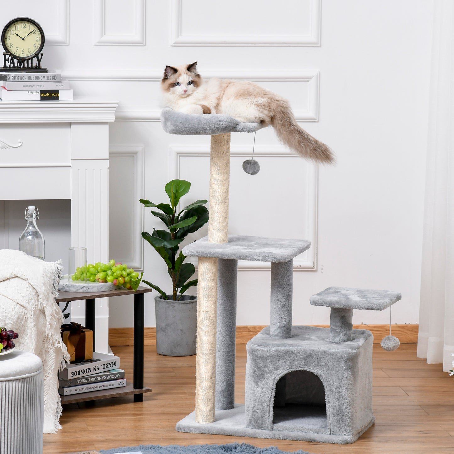 PawHut Cat tree Tower 114cm Climbing Activity Centre Kitten with Sisal Scratching Post Perch Hanging Ball Condo Toy Light Grey