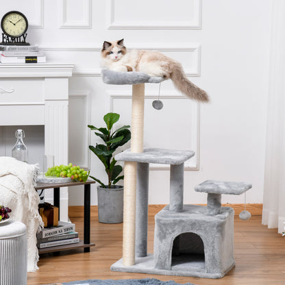 PawHut Cat tree Tower 114cm Climbing Activity Centre Kitten with Sisal Scratching Post Perch Hanging Ball Condo Toy Light Grey