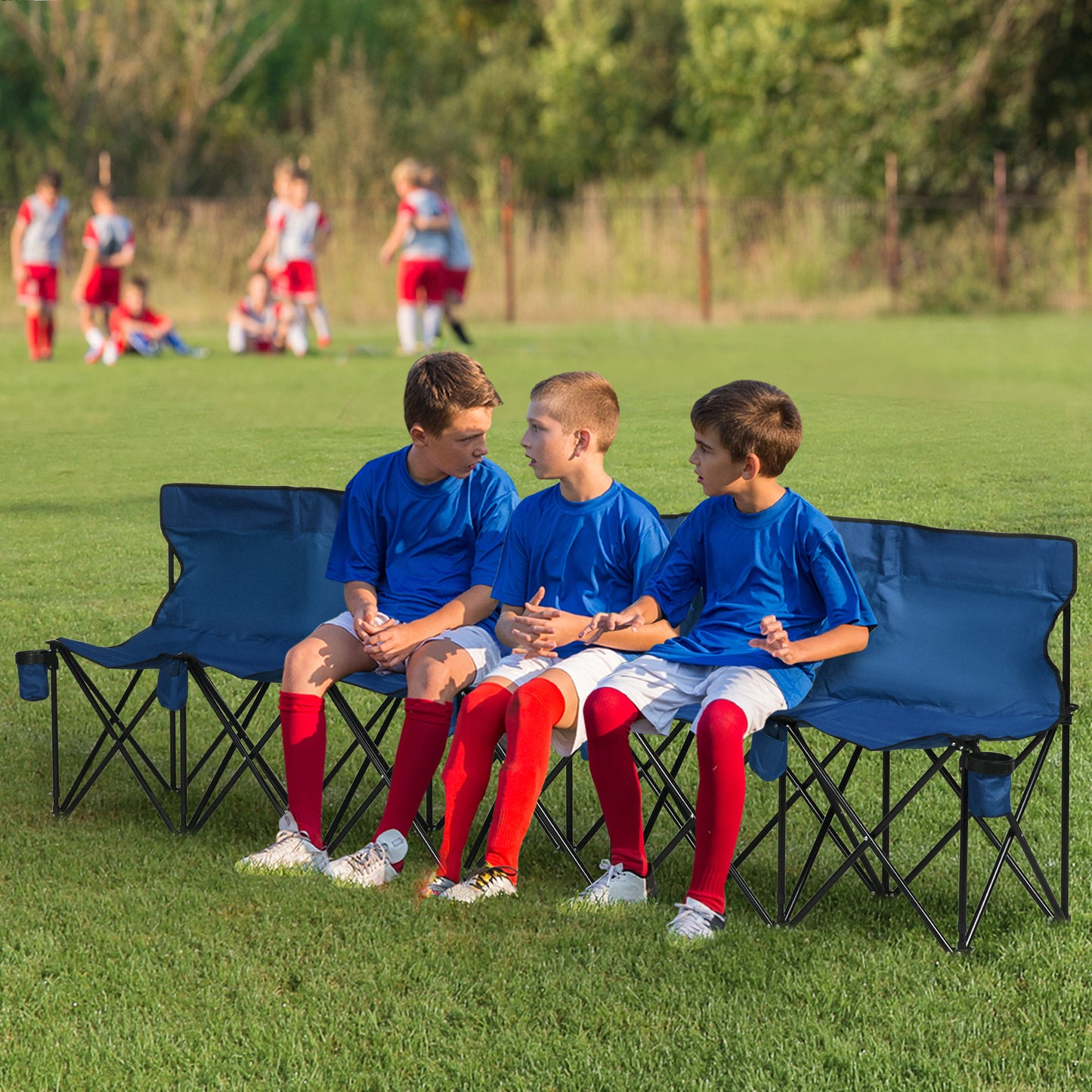 outsunny-6-seater-folding-sports-bench-outdoor-picnic-camping-portable-spectator-chair-steel-frame-w-cup-holder-carry-bag-blue