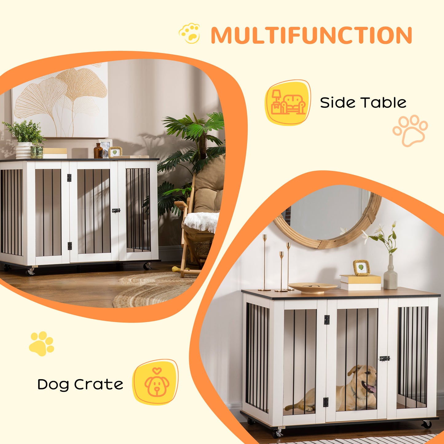 PawHut Dog Cage End Table with Five Wheels, Dog Crate Furniture for Large Sized Dogs, with Front Door Latch, Indoor Use, White