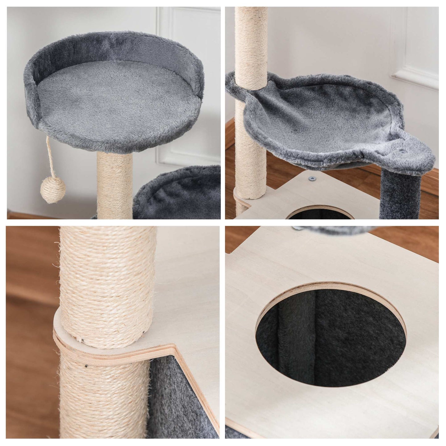 PawHut Cat Tree Cat Tower 95cm Climbing Kitten Activity Center with Sisal Scratching Post Perch Roomy Condo Hammock, Grey