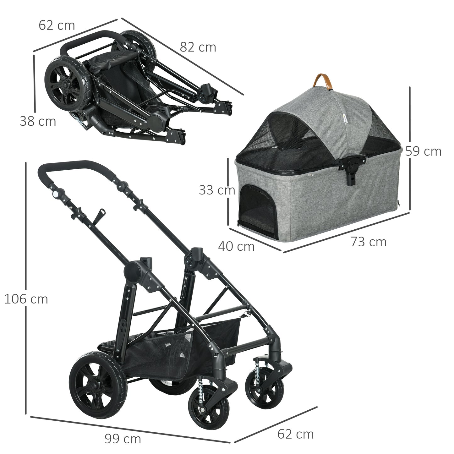 PawHut 2-In-1 Design No-Zip Pet Stroller Detachable Bag Travel Trolley with Shock-absorbing System Brake Basket Adjustable Handlebar Safety Leash Grey