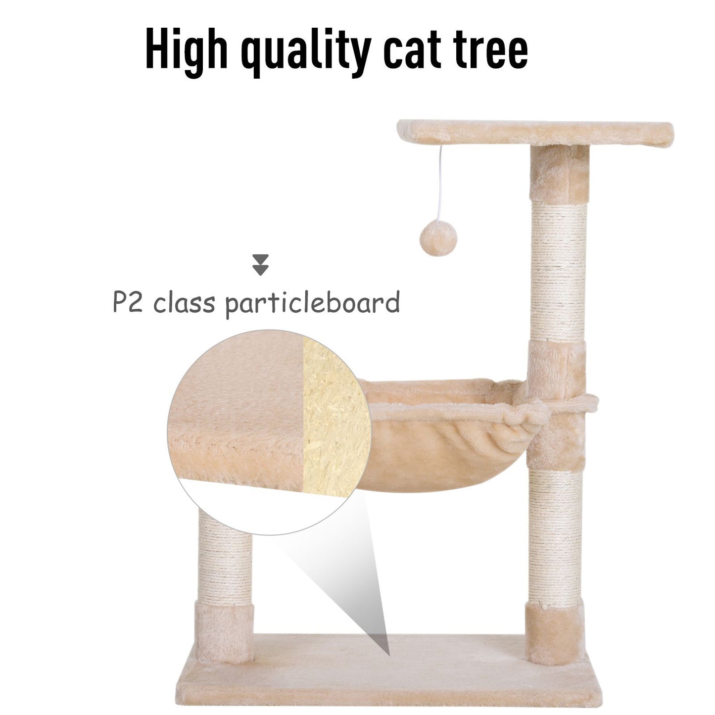 PawHut Cat Tree Hammock Bed Natural Sisal Scratching Post w/ Dangle Toy 2 Tier 70cm Pet Scratch Stand