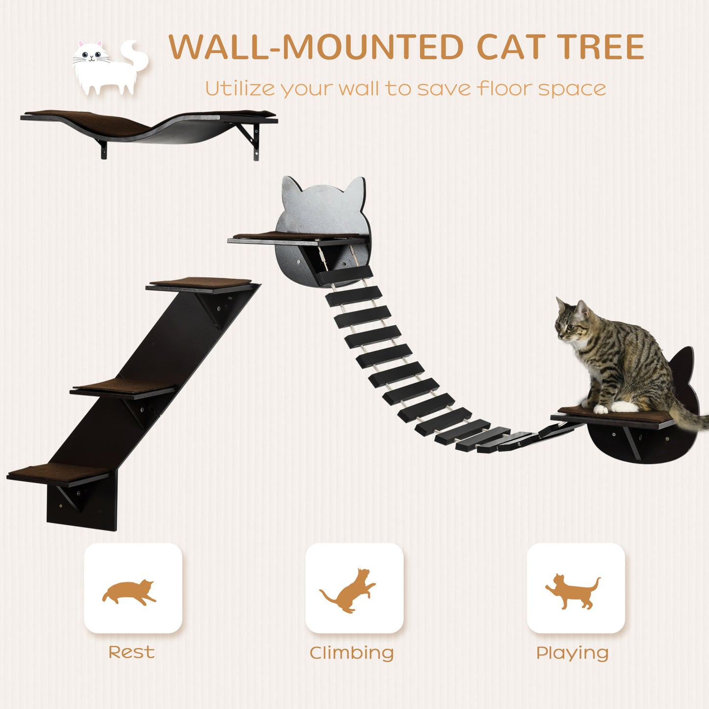 PawHut 3PCs Wall-mounted Cats Shelves, Cat Climbing Shelf Set, Kitten Activity Center with Jumping Platforms, Ladders, Coffee Brown