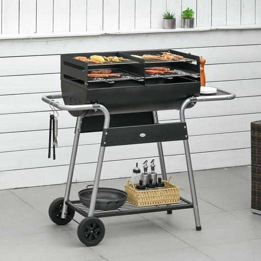 outsunny-charcoal-barbecue-grill-garden-bbq-trolley-w-adjustable-grill-height-double-grill-side-table-storage-shelf-and-wheels-black