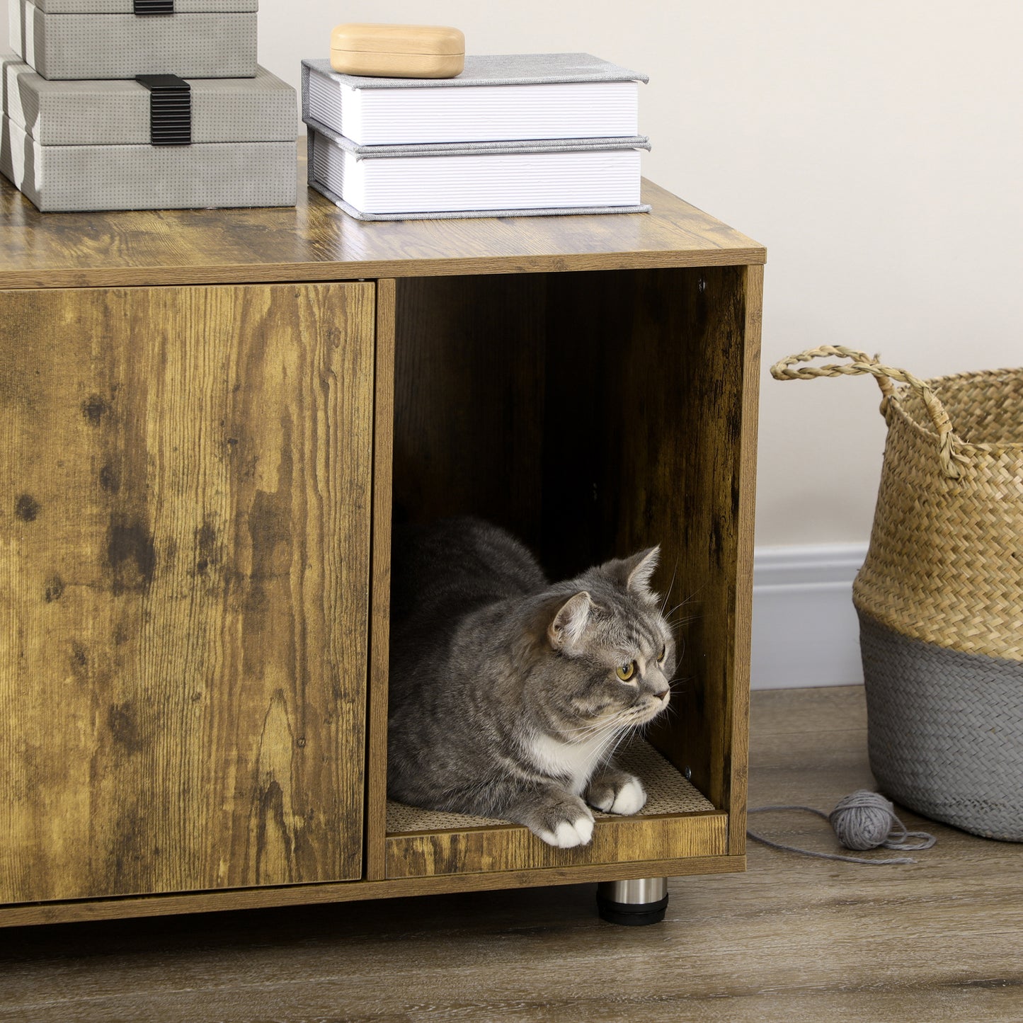 PawHut Cat Litter Box Enclosure, Hidden Cat Washroom, Decorative End Table with Double Doors, Scratching Pad, Rustic Brown