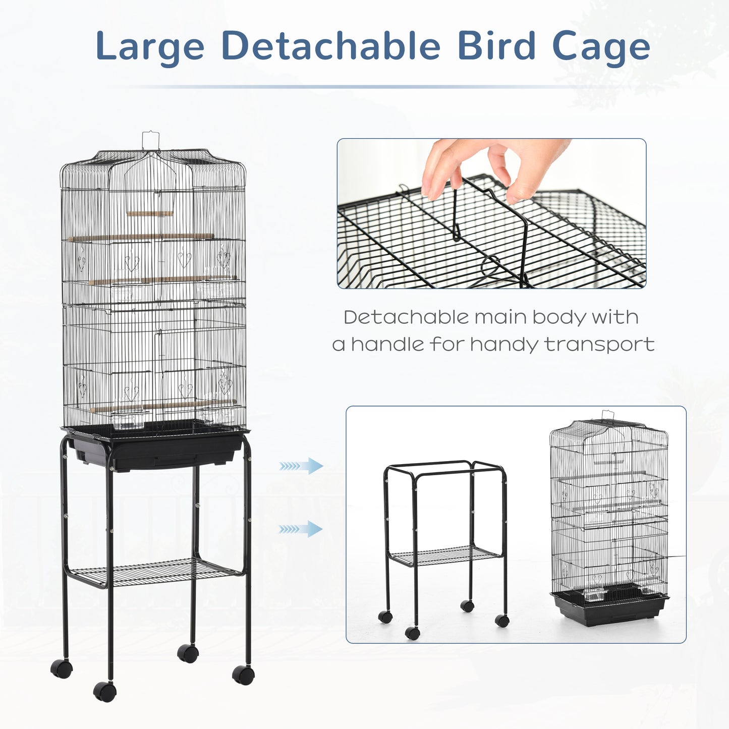 PawHut Bird Cage Budgie Cages for Finch Canary Parakeet with Stand Wheels Slide-out Tray Accessories Storage Shelf, Black 36 x 46.5 x 157 cm